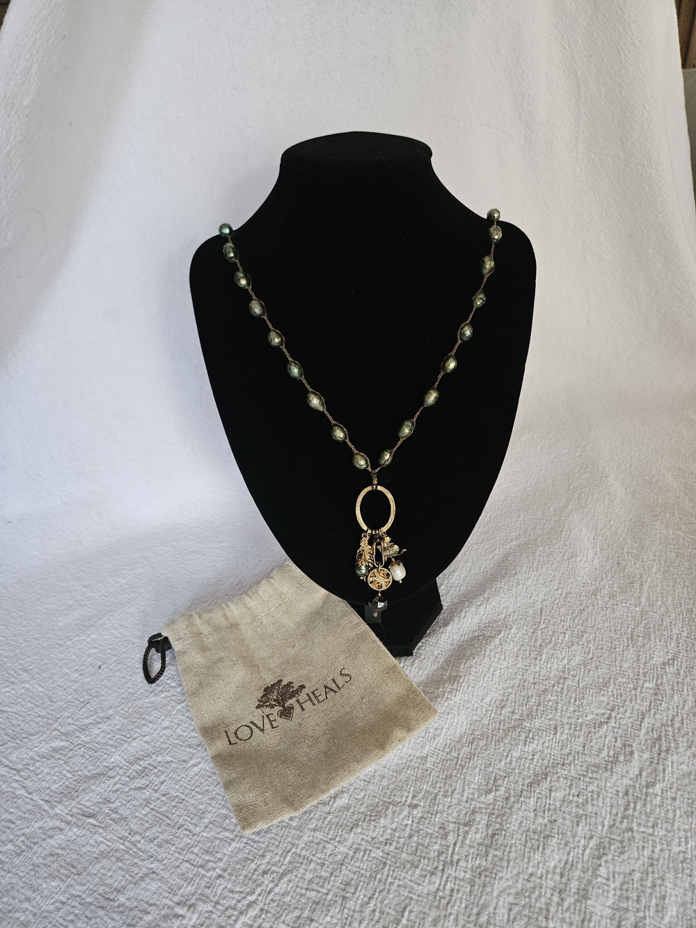 Love Heals Green Baroque Pearl Necklace with Pendant, Gold Over .925 Sterling
